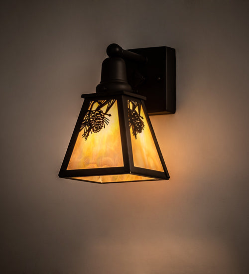 Meyda Lighting Winter Pine 6" Oil Rubbed Bronze Wall Sconce With Beige Iridescent Shade Glass