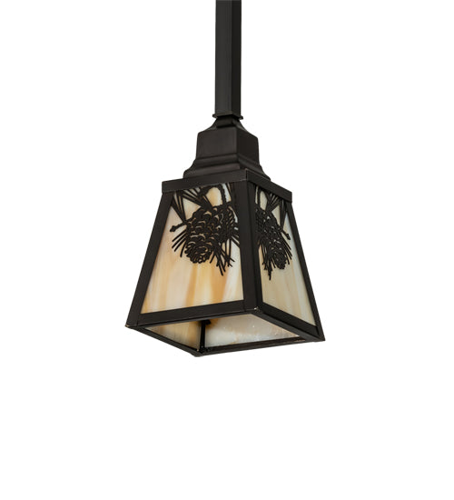 Meyda Lighting Winter Pine 6"Sq Craftsman Brown Mini Pendant Light With Beige Art Shade Glass