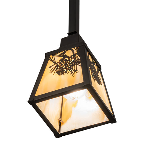 Meyda Lighting Winter Pine 6"Sq Craftsman Brown Mini Pendant Light With Beige Art Shade Glass