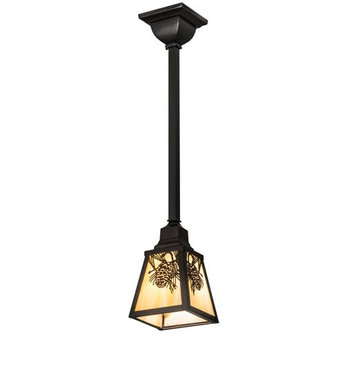 Meyda Lighting Winter Pine 6"Sq Craftsman Brown Mini Pendant Light With Beige Art Shade Glass