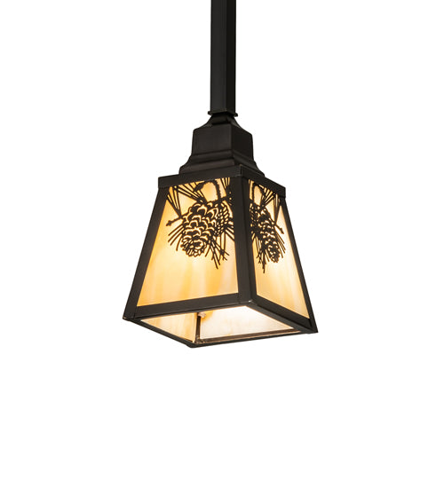 Meyda Lighting Winter Pine 6"Sq Craftsman Brown Mini Pendant Light With Beige Art Shade Glass