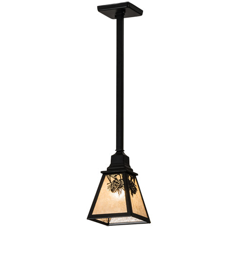 Meyda Lighting Winter Pine 8" Satin Black Wrought Iron Mini Pendant Light With Silver Mica Shade Glass