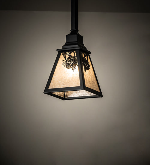 Meyda Lighting Winter Pine 8" Satin Black Wrought Iron Mini Pendant Light With Silver Mica Shade Glass