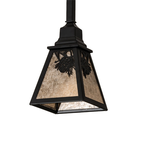 Meyda Lighting Winter Pine 8" Satin Black Wrought Iron Mini Pendant Light With Silver Mica Shade Glass