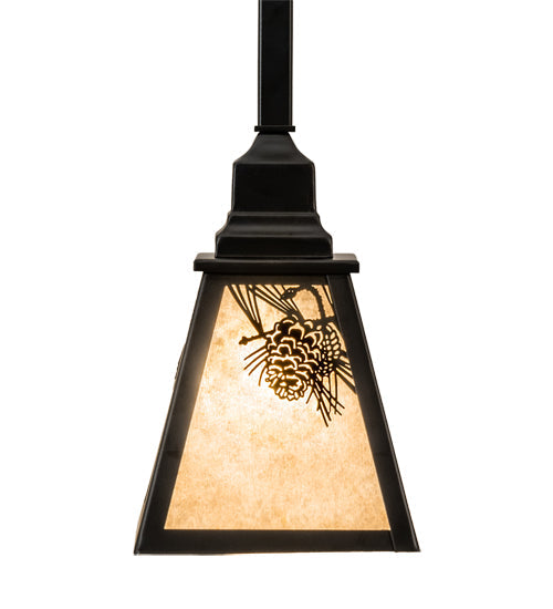 Meyda Lighting Winter Pine 8" Satin Black Wrought Iron Mini Pendant Light With Silver Mica Shade Glass