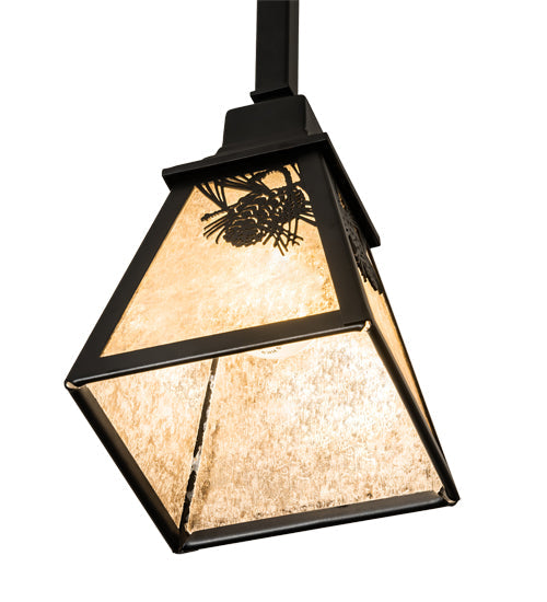 Meyda Lighting Winter Pine 8" Satin Black Wrought Iron Mini Pendant Light With Silver Mica Shade Glass