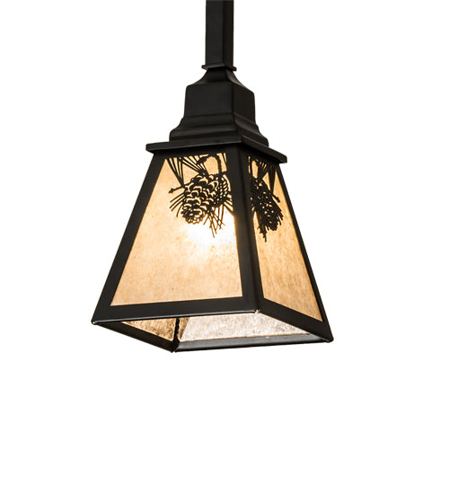 Meyda Lighting Winter Pine 8" Satin Black Wrought Iron Mini Pendant Light With Silver Mica Shade Glass
