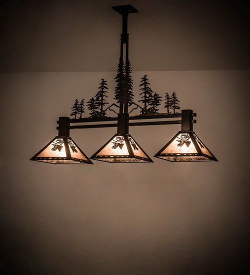 Meyda Lighting Winter Pine 82171 45" 3-Light Antique Copper Tall Pines Island Pendant Light With Silver Mica Shade Glass