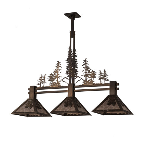 Meyda Lighting Winter Pine 82171 45" 3-Light Antique Copper Tall Pines Island Pendant Light With Silver Mica Shade Glass