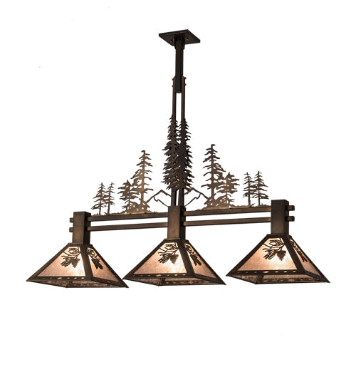 Meyda Lighting Winter Pine 82171 45" 3-Light Antique Copper Tall Pines Island Pendant Light With Silver Mica Shade Glass