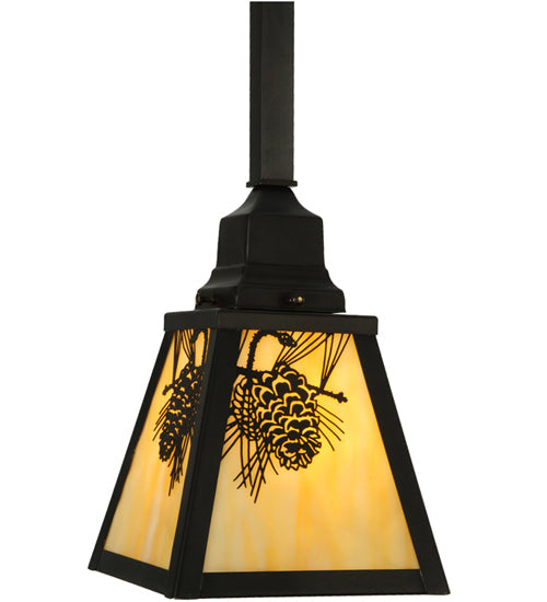 Meyda Lighting Winter Pine 9" Craftsman Brown Pendant Light With Beige Iridescent Shade Glass