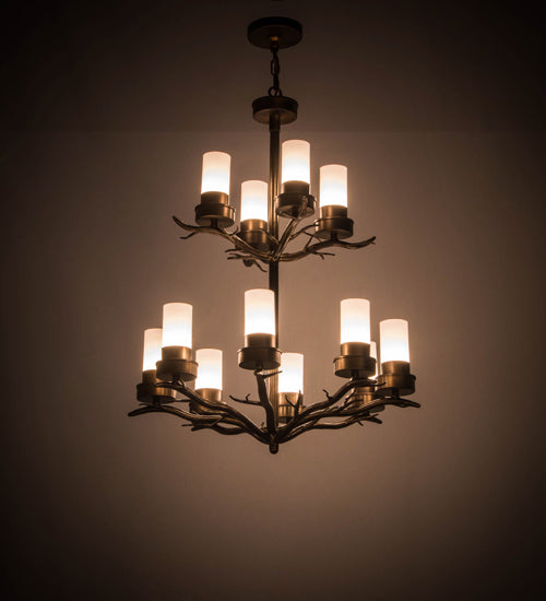 Meyda Lighting Winter Solstice 30" 12-Light 2-Tier Antique Copper Chandelier With White Statuario Idalight Shade Glass
