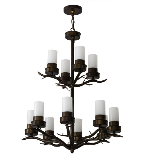 Meyda Lighting Winter Solstice 30" 12-Light 2-Tier Antique Copper Chandelier With White Statuario Idalight Shade Glass
