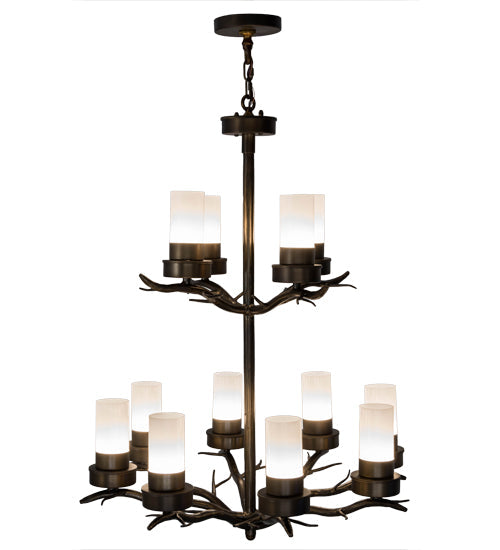 Meyda Lighting Winter Solstice 30" 12-Light 2-Tier Antique Copper Chandelier With White Statuario Idalight Shade Glass