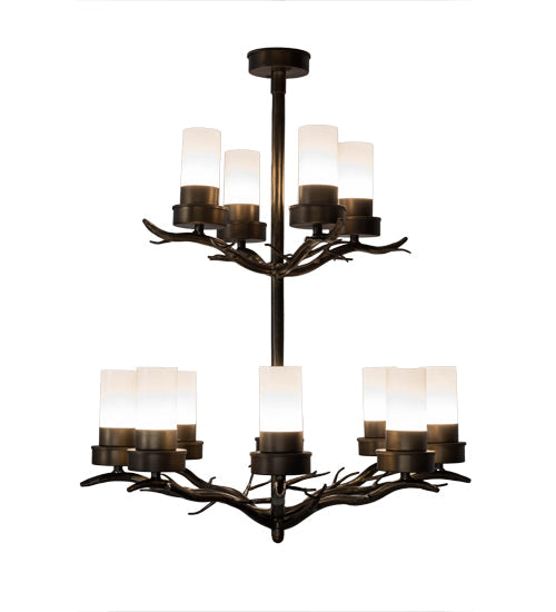 Meyda Lighting Winter Solstice 30" 12-Light 2-Tier Antique Copper Chandelier With White Statuario Idalight Shade Glass