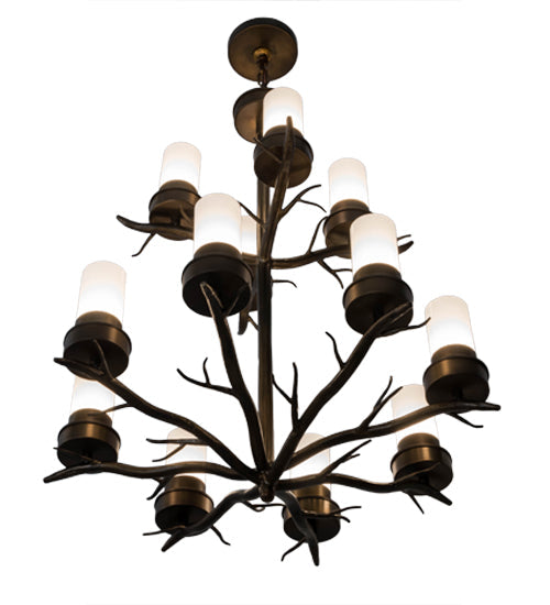 Meyda Lighting Winter Solstice 30" 12-Light 2-Tier Antique Copper Chandelier With White Statuario Idalight Shade Glass