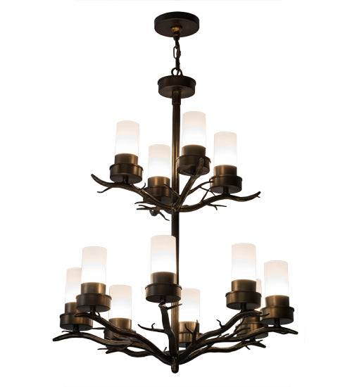 Meyda Lighting Winter Solstice 30" 12-Light 2-Tier Antique Copper Chandelier With White Statuario Idalight Shade Glass