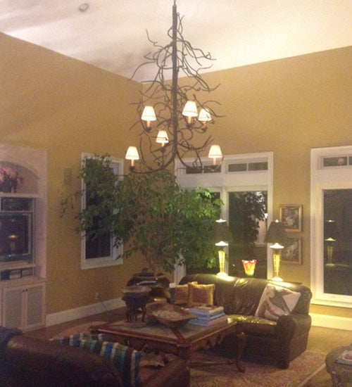 Meyda Lighting Winter Solstice 50" 6-Light Wrought Iron Chandelier With Creamy Natural Linen Shade