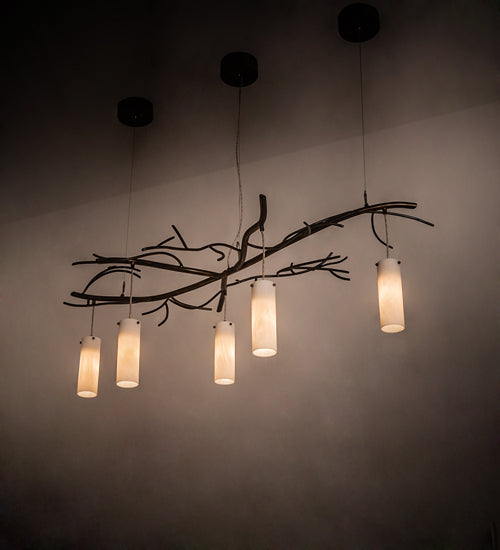 Meyda Lighting Winter Solstice 60" 5-Light LED Dark Burnished Antique Copper Cilindro Island Chandelier With Whitestone Idalight Shade