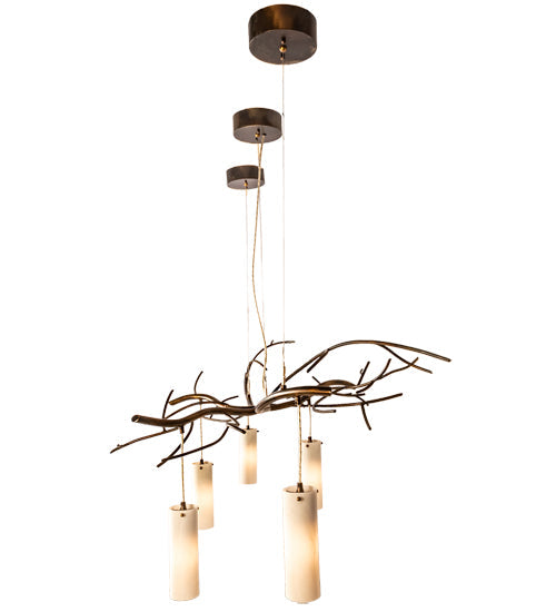 Meyda Lighting Winter Solstice 60" 5-Light LED Dark Burnished Antique Copper Cilindro Island Chandelier With Whitestone Idalight Shade