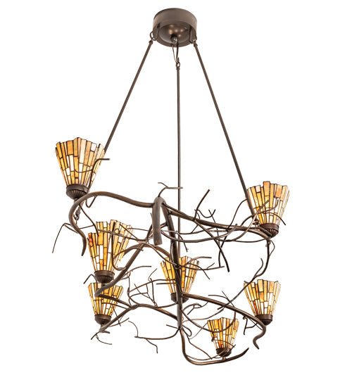 Meyda Lighting Winter Solstice 61" 8-Light Timeless Bronze & Dark Burnished Antique Copper Delta Chandelier With Amber & Beige Jadestone Shade