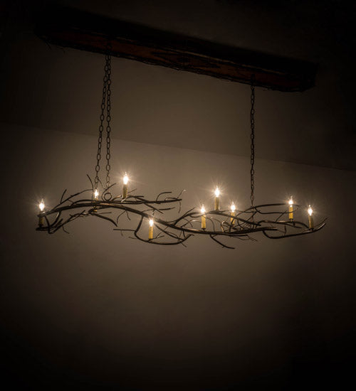 Meyda Lighting Winter Solstice 71" 9-Light Dark Burnished Antique Copper & Natural Wood Island Chandelier With Amber Faux Candlelight