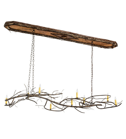 Meyda Lighting Winter Solstice 71" 9-Light Dark Burnished Antique Copper & Natural Wood Island Chandelier With Amber Faux Candlelight