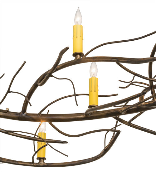 Meyda Lighting Winter Solstice 71" 9-Light Dark Burnished Antique Copper & Natural Wood Island Chandelier With Amber Faux Candlelight