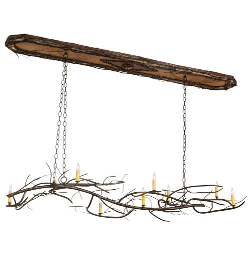 Meyda Lighting Winter Solstice 71" 9-Light Dark Burnished Antique Copper & Natural Wood Island Chandelier With Amber Faux Candlelight