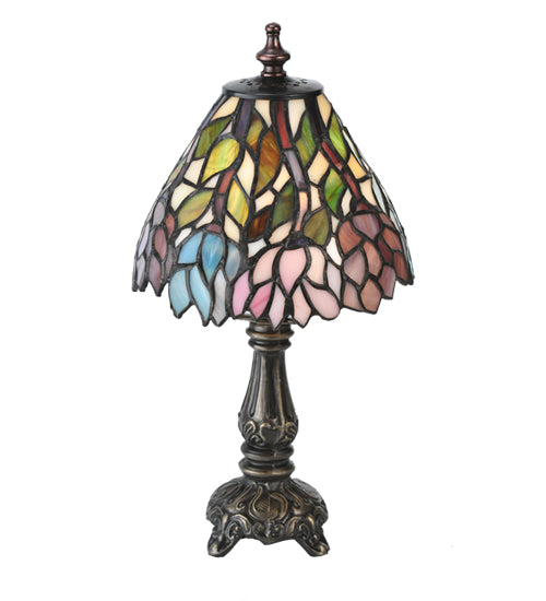 Meyda Lighting Wisteria 13" Mahogany Bronze Mini Table Lamp With Multi-Colored Shade Glass