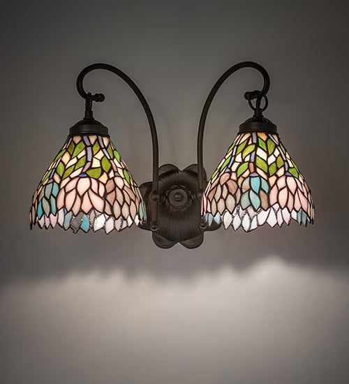 Meyda Lighting Wisteria 17" 2-Light Mahogany Bronze Wall Sconce With Multi-Colored Shade Glass