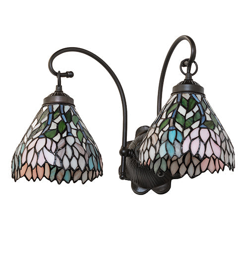 Meyda Lighting Wisteria 17" 2-Light Mahogany Bronze Wall Sconce With Multi-Colored Shade Glass