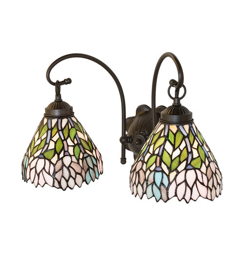 Meyda Lighting Wisteria 17" 2-Light Mahogany Bronze Wall Sconce With Multi-Colored Shade Glass