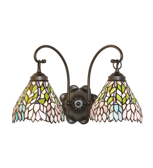 Meyda Lighting Wisteria 17" 2-Light Mahogany Bronze Wall Sconce With Multi-Colored Shade Glass