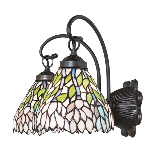 Meyda Lighting Wisteria 17" 2-Light Mahogany Bronze Wall Sconce With Multi-Colored Shade Glass