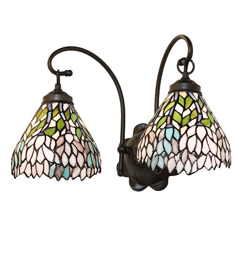Meyda Lighting Wisteria 17" 2-Light Mahogany Bronze Wall Sconce With Multi-Colored Shade Glass
