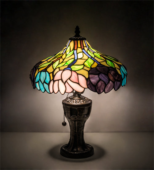 Meyda Lighting Wisteria 17" Mahogany Bronze Table Lamp With Multi-Colored Stained Shade Glass