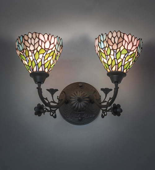 Meyda Lighting Wisteria 18" 2-Light Mahogany Bronze Wall Sconce With Multi-Colored Shade Glass