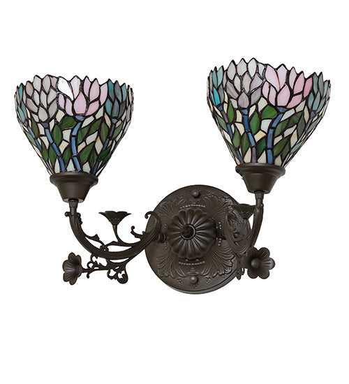 Meyda Lighting Wisteria 18" 2-Light Mahogany Bronze Wall Sconce With Multi-Colored Shade Glass