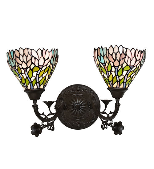 Meyda Lighting Wisteria 18" 2-Light Mahogany Bronze Wall Sconce With Multi-Colored Shade Glass