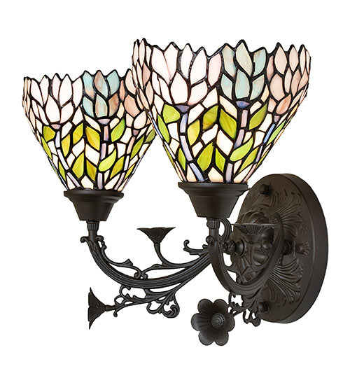 Meyda Lighting Wisteria 18" 2-Light Mahogany Bronze Wall Sconce With Multi-Colored Shade Glass