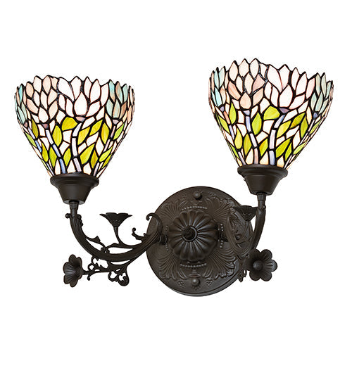 Meyda Lighting Wisteria 18" 2-Light Mahogany Bronze Wall Sconce With Multi-Colored Shade Glass