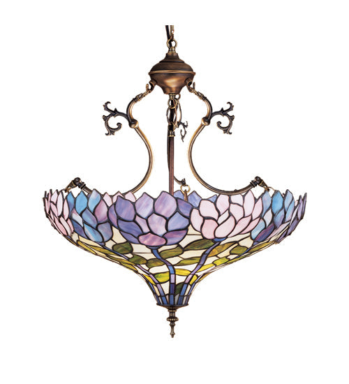 Meyda Lighting Wisteria 20" 3-Light Mahogany Bronze Inverted Pendant Light With Multi-Colored Stained Shade Glass
