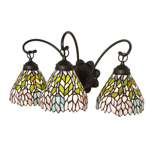 Meyda Lighting Wisteria 22" 3-Light Mahogany Bronze Wall Sconce With Multi-Colored Shade Glass