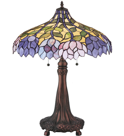 Meyda Lighting Wisteria 26" 2-Light Mahogany Bronze Table Lamp With Multi-Colored Stained Shade Glass