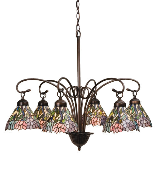 Meyda Lighting Wisteria 30" 6-Light Mahogany Bronze Chandelier With Multi-Colored Shade Glass