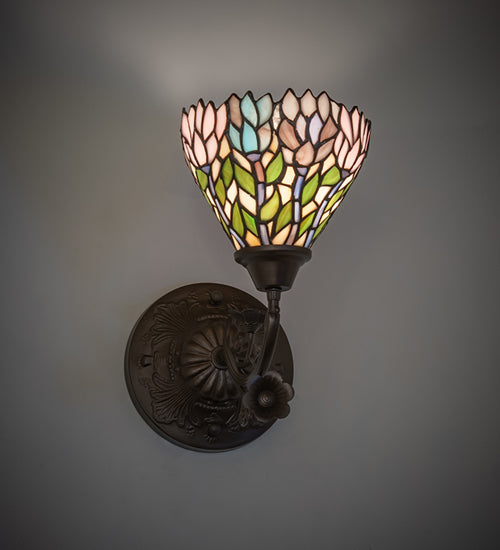 Meyda Lighting Wisteria 36114 7" Mahogany Bronze Wall Sconce With Multi-Colored Shade Glass