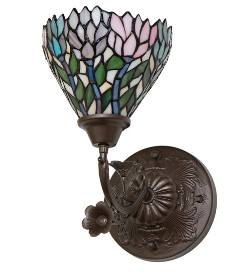 Meyda Lighting Wisteria 36114 7" Mahogany Bronze Wall Sconce With Multi-Colored Shade Glass