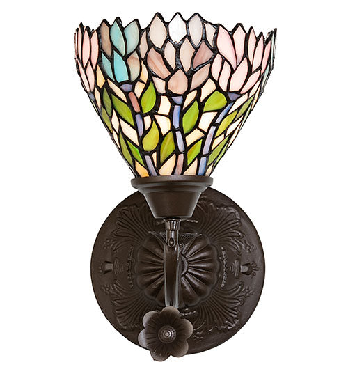 Meyda Lighting Wisteria 36114 7" Mahogany Bronze Wall Sconce With Multi-Colored Shade Glass