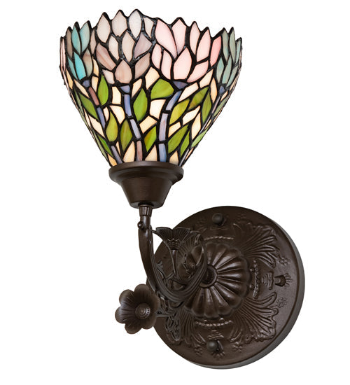 Meyda Lighting Wisteria 36114 7" Mahogany Bronze Wall Sconce With Multi-Colored Shade Glass